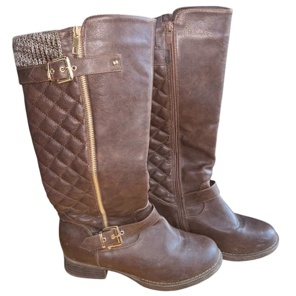 Global Win Shoes - Knee High Brown Quilted Knit Riding Boots Women’s 7.5 Gold Buckle Zipper Accent